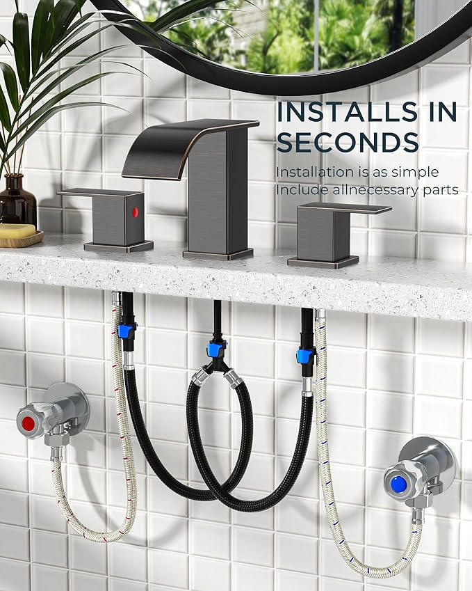 FORIOUS Oil Rubbed Bronze Bathroom Faucets 3 Hole, Waterfall Square 8 Inch Widespread Bathroom Sink Faucet with Metal Pop-up Drain and Supply Lines, Two Handles for Vanity, RV, Farmhouse