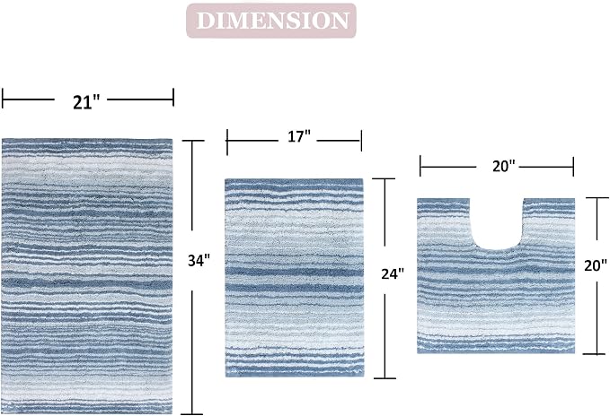 Home Weavers 100% Cotton Gradiation Collection Bathroom Décor | Washable Rug | Bathroom Mat | Kitchen Mat | Bathroom Rug Set | Bath Mat Set | Bath Floor Mat Non Slip, 3 Piece Set with Contour, Blue