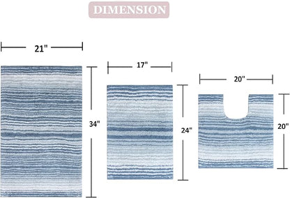 Home Weavers 100% Cotton Gradiation Collection Bathroom Décor | Washable Rug | Bathroom Mat | Kitchen Mat | Bathroom Rug Set | Bath Mat Set | Bath Floor Mat Non Slip, 3 Piece Set with Contour, Blue