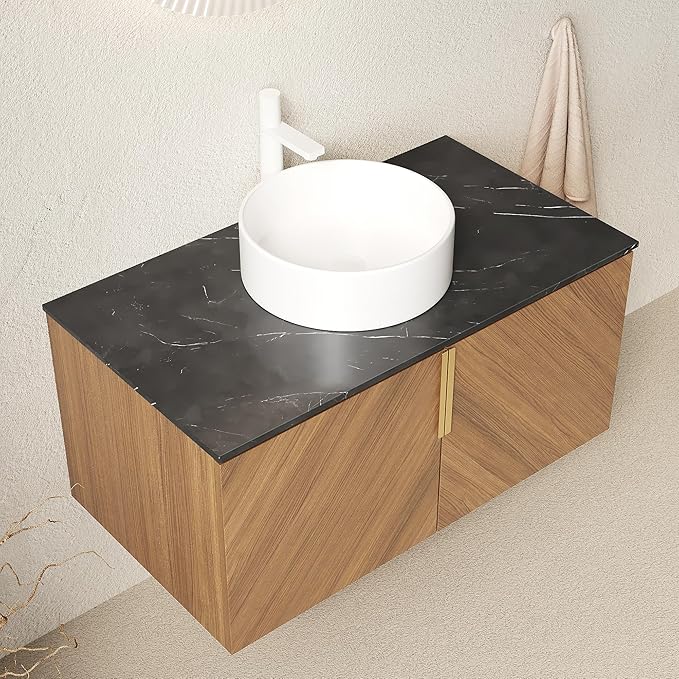 36 Inch Bathroom Vanity with Sink Combo, Floating Vanity Bathroom with Vessel Sink, Modern Bathroom Vanity Cabinet with Doors, Sintered Stone Countertop and Ceramic Sink,Brown Oak