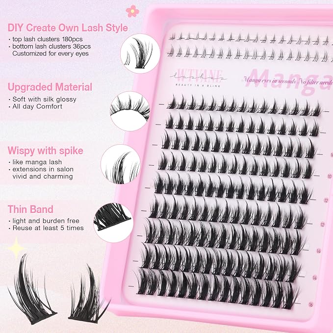 Anime Lash Clusters Kit Wispy Eyelash Clusters DIY Lash Extension Kit with 5-6mm Bottom Lashes 8-16mm Thin Band Individual lashes 175Pcs Manga Eyelash Extension Kit with Lash Glue, Tweezers by WTVANE