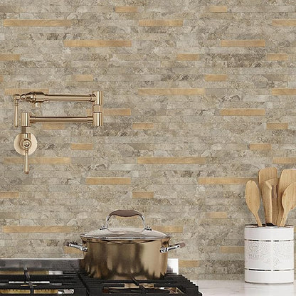 STICKGOO 2 Sheets Peel and Stick Backsplash Tile, Stick on Backsplash for Kitchen and Bathroom, Stone Beige Marble Look PVC Mixed Metal Gold Self Adhesive Wall Tiles