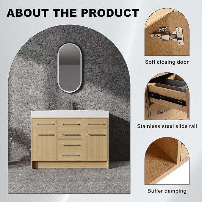48" Bathroom Vanity with Sink - Freestanding Bathroom Sink Cabinet, 2 Soft Closing Doors & 6 Drawers, Original Oak Plywood (KD-Packing)