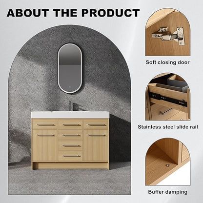 48" Bathroom Vanity with Sink - Freestanding Bathroom Sink Cabinet, 2 Soft Closing Doors & 6 Drawers, Original Oak Plywood (KD-Packing)