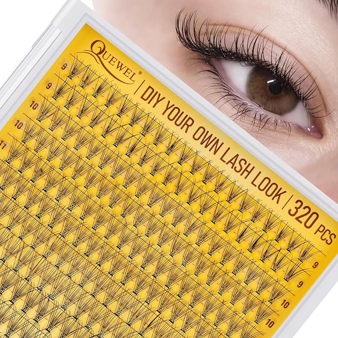 QUEWEL Lash Clusters 320Pcs 10D D Curl Lash Cluster Eyelash Extensions | Cluster Lashes Mix9-16mm Individual Eyelashes Clusters Wispy Lash Clusters Thin Band Soft to Use at Home(10D D Mix9-16)