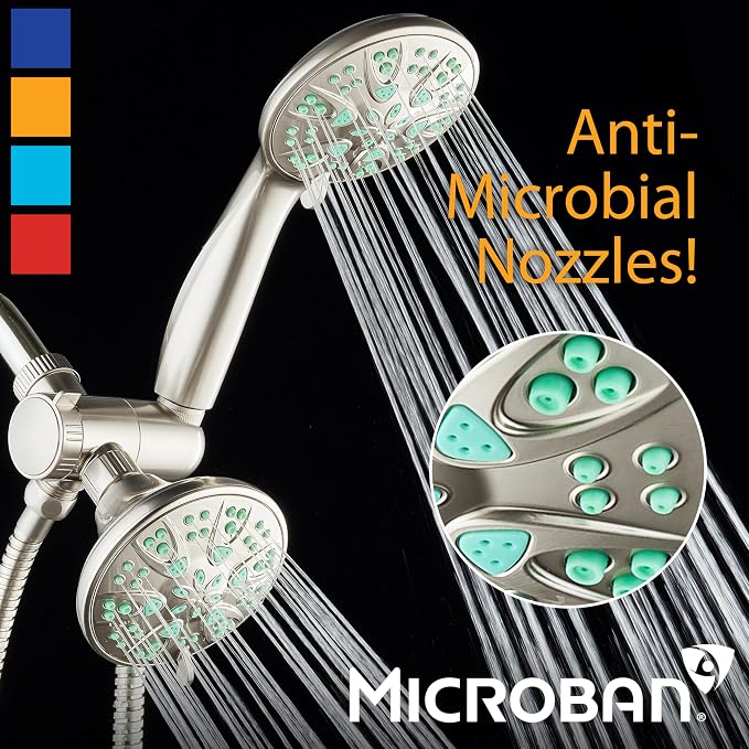 AquaDance Antimicrobial/Anti-Clog High-Pressure 30-setting Dual Head Combination Shower with Microban Nozzle Protection From Growth of Mold, Mildew & Bacteria for a Healthier Shower – Coral Green