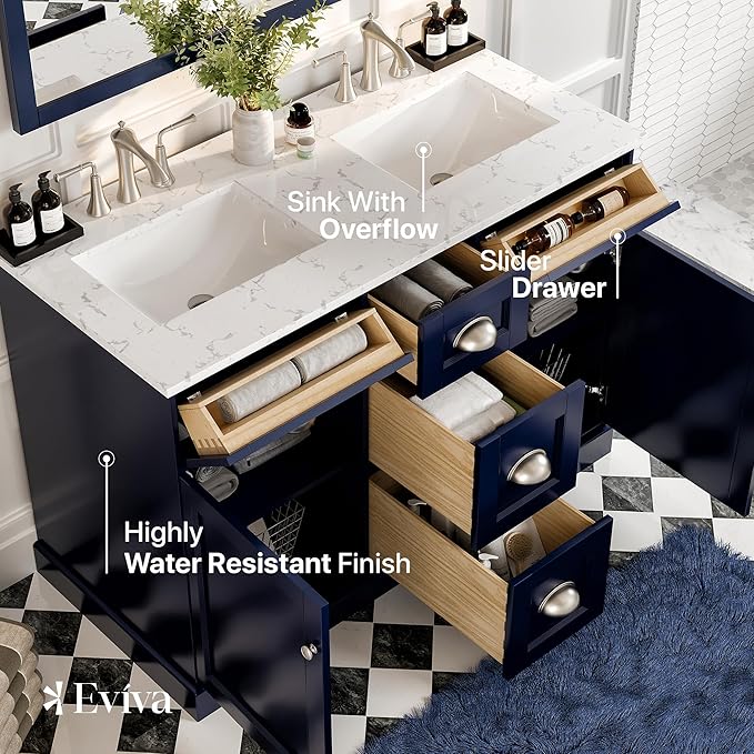 Eviva Epic 48 in. Blue Double Sink Bathroom Vanity with White Carrara Quartz Countertop