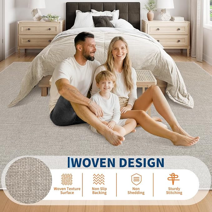 Garvee Large Washable Rug 9x12 Modern Solid Rugs for Living Room Taupe | Non Slip Woven Textured Bedroom Rug Ultra-Thin Non-Shedding Farmhouse Carpet Neutral Foldable Throw Rugs for Bedroom Office