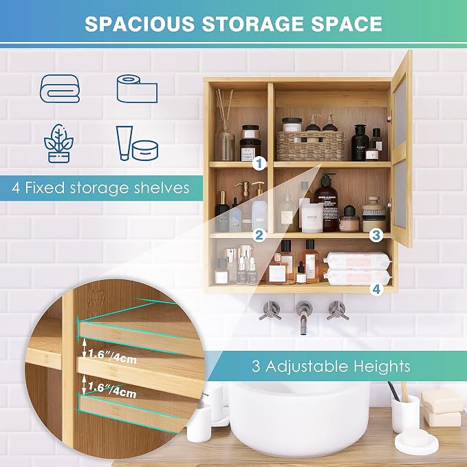 SMIBUY Bathroom Mirror Cabinet Wall Mounted, Bamboo Space Saver Medicine Cabinet, Wall Hanging Over Toilet Storage Cabinet with Mirror Door and Adjustable Shelf (Natural)