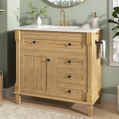 LIKIMIO 36 Inch Bathroom Vanity with Sink, Towel Holder & Adjustable Solid Wood Legs for Uneven Floor, Modern Bathroom Storage Cabinet with Tip-Out Drawer, 2 Drawers & Adjustable Shelf, Nature