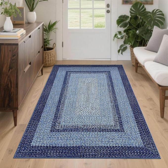 Printed Washable Area Rugs 4x6 Rug for Living Room Indoor Mats for Entryway Soft Bedroom Rug Non Slip Modern Braided Farmhouse Throw Rugs Low Pile Stain Resistant Carpet 4'x6' Navy Blue