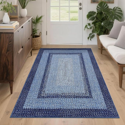 Printed Washable Area Rugs 4x6 Rug for Living Room Indoor Mats for Entryway Soft Bedroom Rug Non Slip Modern Braided Farmhouse Throw Rugs Low Pile Stain Resistant Carpet 4'x6' Navy Blue