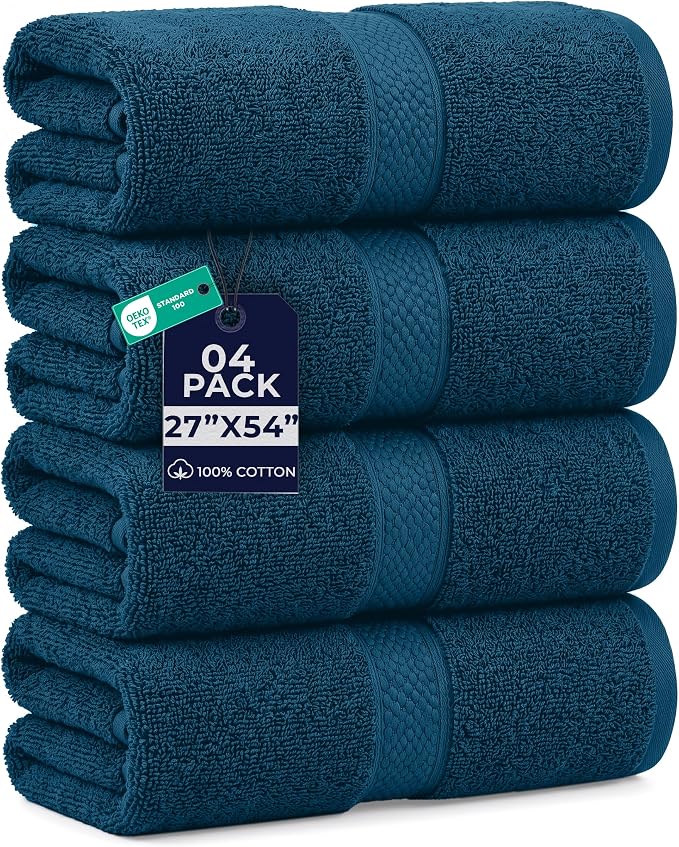 DAN RIVER 600 GSM Cotton Large Bath Towels Set of 4, 27 x 54 Inches, Blue | Larger & Lighter Weight Towels for Bathroom - Highly Absorbent & Quick Dry 100% Cotton Bath Towel Set for Home, Spa & Hotel
