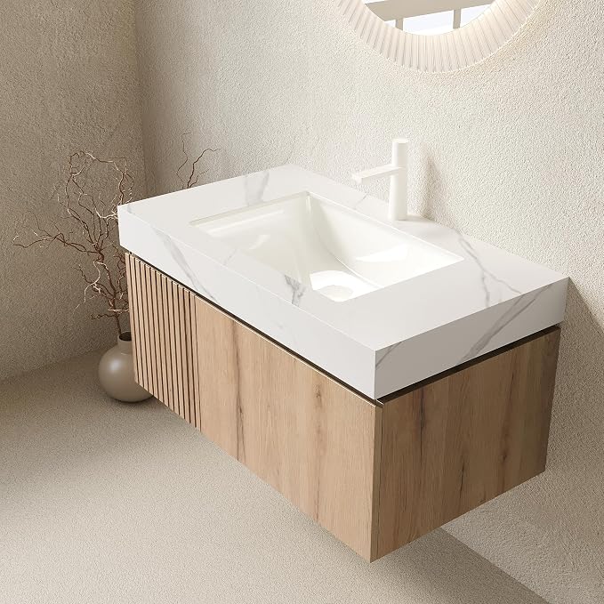 KEIKI 36 Inch Floating Bathroom Vanity with Sink, White Oak & White | Modern Wall Mounted Storage Cabinet w/ Drawer & Door, Pre-assembled Wood Panels, Sintered Stone Top & Ceramic Basin Combo Set