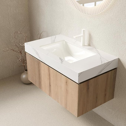 KEIKI 36 Inch Floating Bathroom Vanity with Sink, White Oak & White | Modern Wall Mounted Storage Cabinet w/ Drawer & Door, Pre-assembled Wood Panels, Sintered Stone Top & Ceramic Basin Combo Set