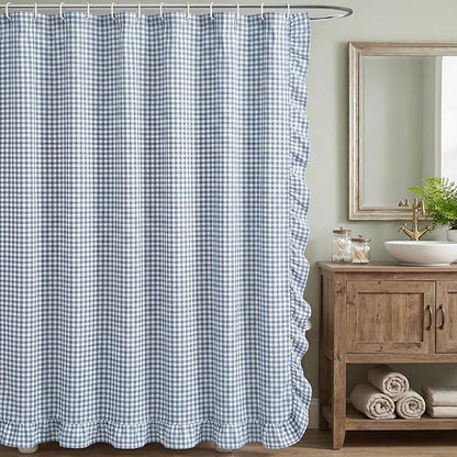 HunnmingRe Ruffled Gingham Shower Curtain Dusty Blue | 72'' x 72'' Vintage Farmhouse Curtain, Cotton Cottage Core Rural Checkered Plaid Decor, Fall Shower Curtain for Bathroom