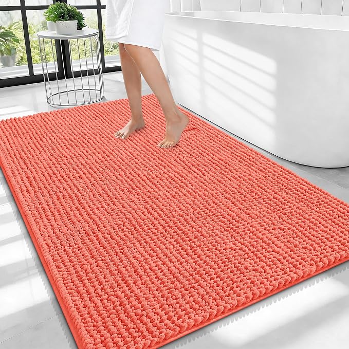 OLANLY Thick Chenille Large Bathroom Rugs 40x32, Absorbent Bath Mat, Coral | Soft Bath Rugs, Rubber Backing, Machine Wash Dry, Bath Mats for Bathroom, Tub and Shower, Home Decor Accessories