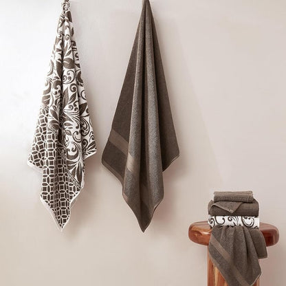 Modern Threads 6 Piece Bath Towel Set – Bathroom Set with 2 Bath Towels, 2 Hand Towels, and 2 Wash Cloths – 100% Cotton, Super Absorbent & Extra Soft – Reversible Botanical Vine (Taupe Brown)