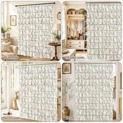 Extra Long Farmhouse Ruffle Shower Curtains with Green Floral, 72"Wx90"L | French Country Vintage Rustic Washable Waterproof Shower Curtain for Bathroom Bathtub, 12 Metal Hooks