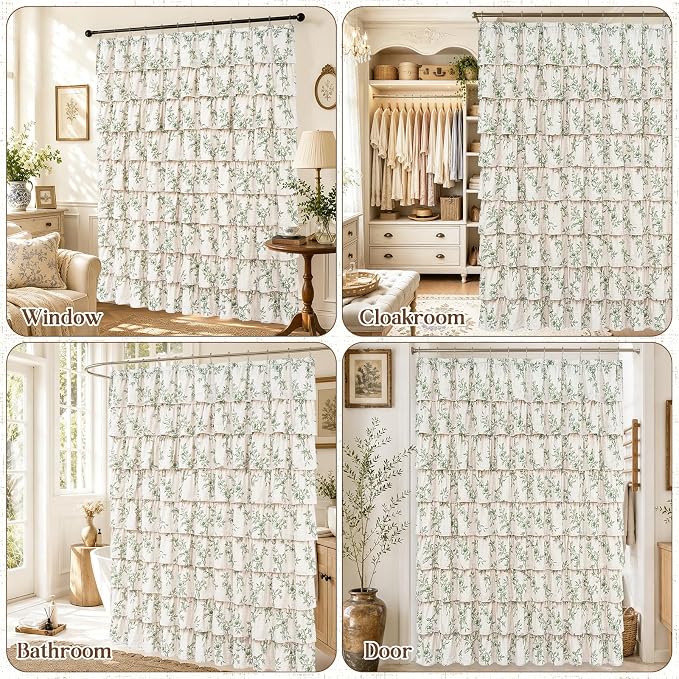 Yinhua Long Farmhouse Ruffle Shower Curtains with Green Floral, 72" Wx78 L | French Country Vintage Rustic Washable Waterproof Shower Curtain for Bathroom Bathtub, 12 Metal Hooks