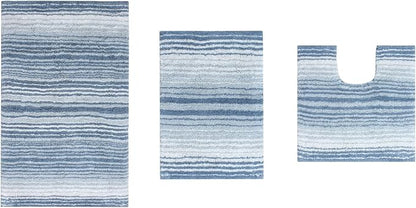 Home Weavers 100% Cotton Gradiation Collection Bathroom Décor | Washable Rug | Bathroom Mat | Kitchen Mat | Bathroom Rug Set | Bath Mat Set | Bath Floor Mat Non Slip, 3 Piece Set with Contour, Blue