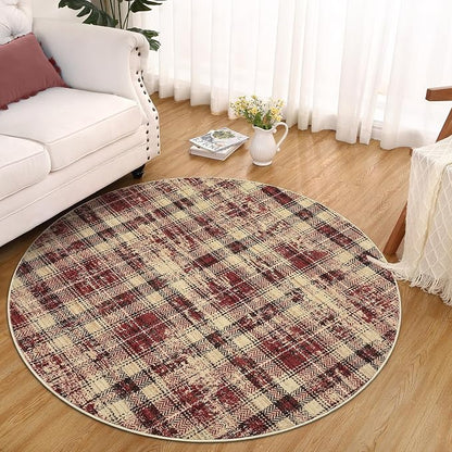 Tartan Plaid Round Area Rugs 4ft, Washable Non-Slip Soft Small Round Rug 4x4 Ultra-Thin Circle Low Pile Stain Resistant Carpet for Bedroom Entryway Kitchen Laundry Bathroom, Red