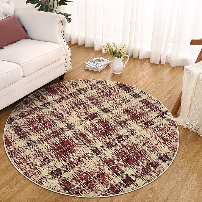 Tartan Plaid Round Rugs 5Ft Washable Area Rug for Playroom, Kids Non-Slip Neutral Classic Circle Rug Modern Large Carpet Soft Boys Rug for Classroom Dorm Bedroom, Red