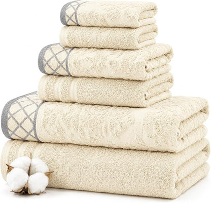 Modern Threads 6 Piece Cotton Bath Towel Set – Ultra Soft 550 GSM Towels – Bathroom Set with Hand Towels and Washcloths – Diamond Border (Ivory Cream)
