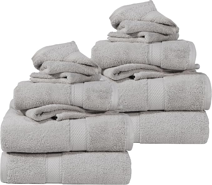 SUPERIOR Egyptian Cotton Ultra Plush & Absorbent, 12 Piece Set, Silver | Heavyweight 12 Pc Egyptian Cotton Towel Set Includes 4 Bath Towels 4 Hand Towels 4 Washcloths Decorative Rope Border
