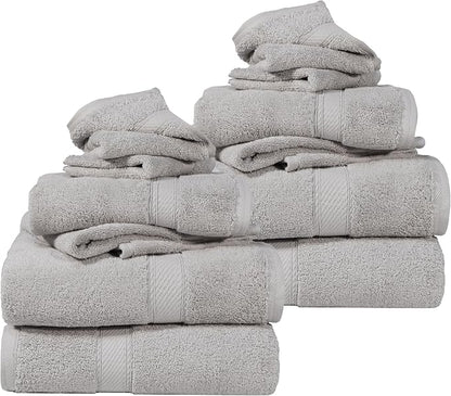 SUPERIOR Egyptian Cotton Ultra Plush & Absorbent, 12 Piece Set, Silver | Heavyweight 12 Pc Egyptian Cotton Towel Set Includes 4 Bath Towels 4 Hand Towels 4 Washcloths Decorative Rope Border