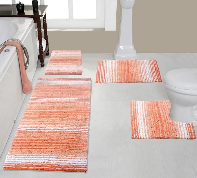 Home Weavers 100% Cotton Gradiation Collection Bathroom Décor | Washable Rug | Bathroom Mat | Kitchen Mat | Bathroom Rug Set | Bath Mat Set | Bath Floor Mat Non Slip, 4 Piece Set with Runner, Coral