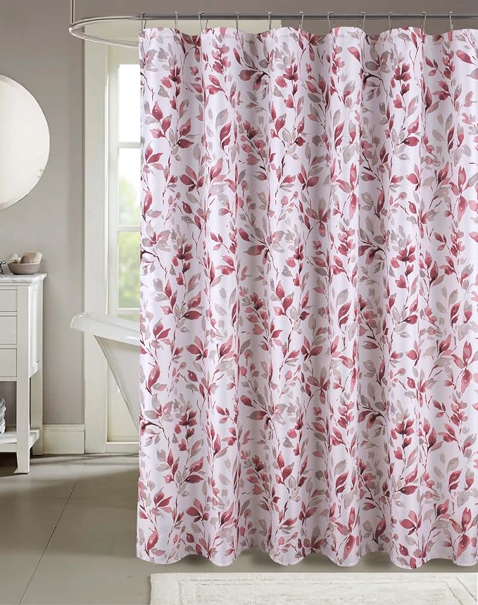 Hotel Quality Fabric Bathroom Shower Curtain: Floral Leaf Damask - Pink, Gray and White (72 x 70 inches)