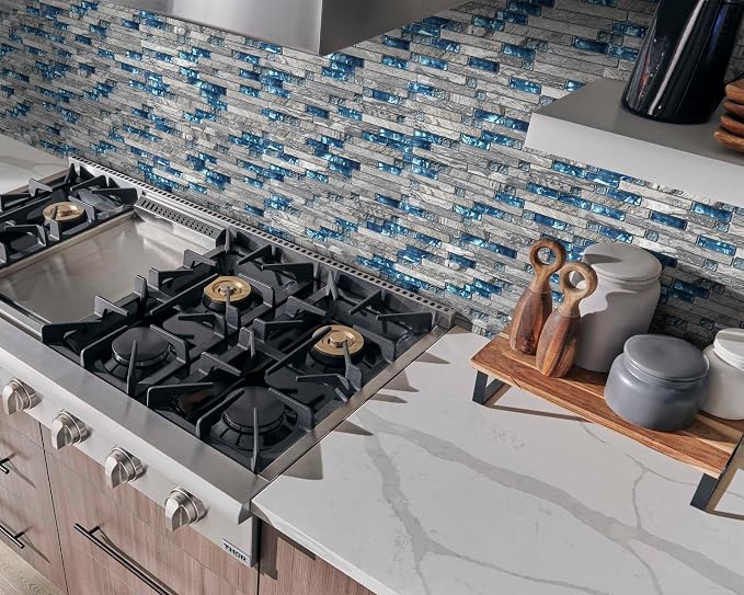 Gray Marble Tile for Kitchen Backsplash 12 in. x 12 in. x 8 mm Teal Blue Glass Mosaic Bathroom Shower Wall Linear Tiles (Pack of 5 Sheets)