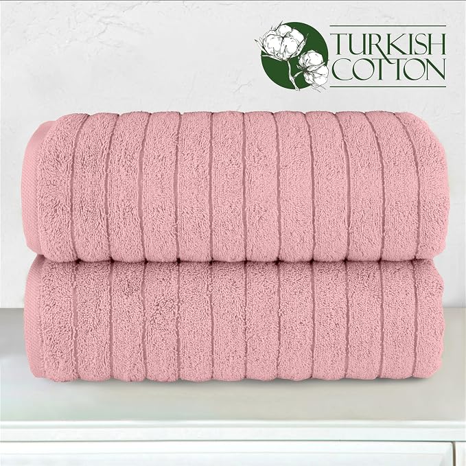 Elegant Comfort 100% Turkish Cotton Corduroy Ribbed Luxury Soft 2 Pack Bath Towels 27 x 54 Inch - Ultra Plush, Absorbent, Quick Dry, Hotel Spa Quality Towels for Bathroom Essentials, Dusty Rose