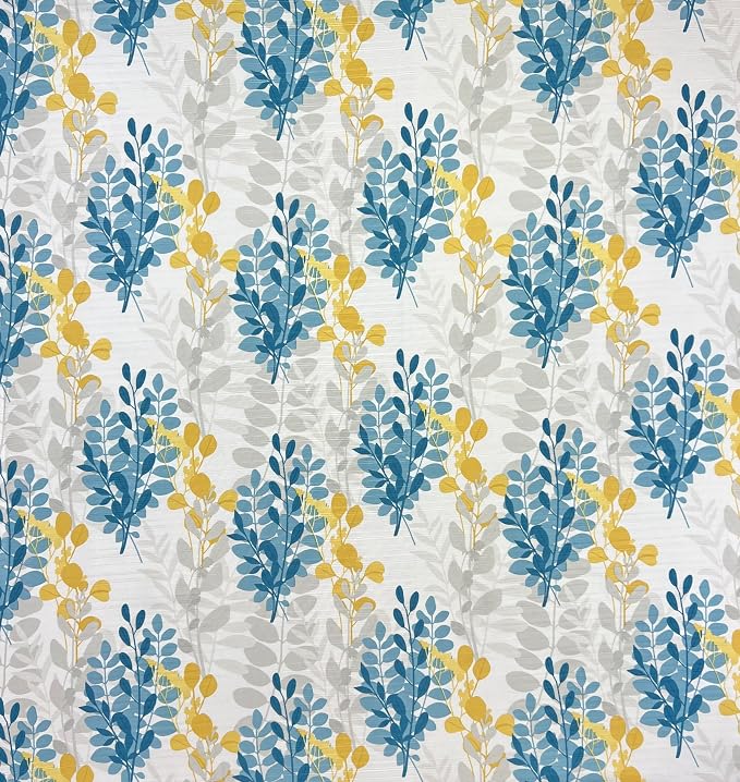 Serafina Home Hotel Quality Fabric Bathroom Shower Curtain: Floral Leaf Damask - Blue, Teal, Yellow, Grey and White (72 x 70 inches)