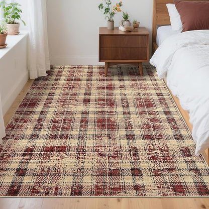 Washable Rugs 4x6 Rug for Living Room Modern Plaid Area Rug for Bedroom Tartan Farmhouse Red Non Slip Entryway Rug Soft Stain Resistant Carpet for Nursery Entrance Dining Room 4'x6' Red