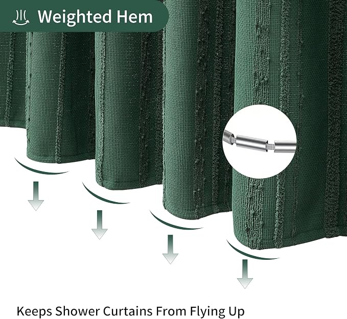 Extra Long Dark Green Shower Curtain Boho, 72 x 78 Cotton Blend Waffle Weave Stripe Textured Heavy Duty, Fabric Shower Curtain for Bathroom