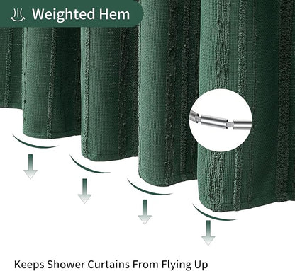 Extra Long Dark Green Shower Curtain Boho, 72 x 78 Cotton Blend Waffle Weave Stripe Textured Heavy Duty, Fabric Shower Curtain for Bathroom
