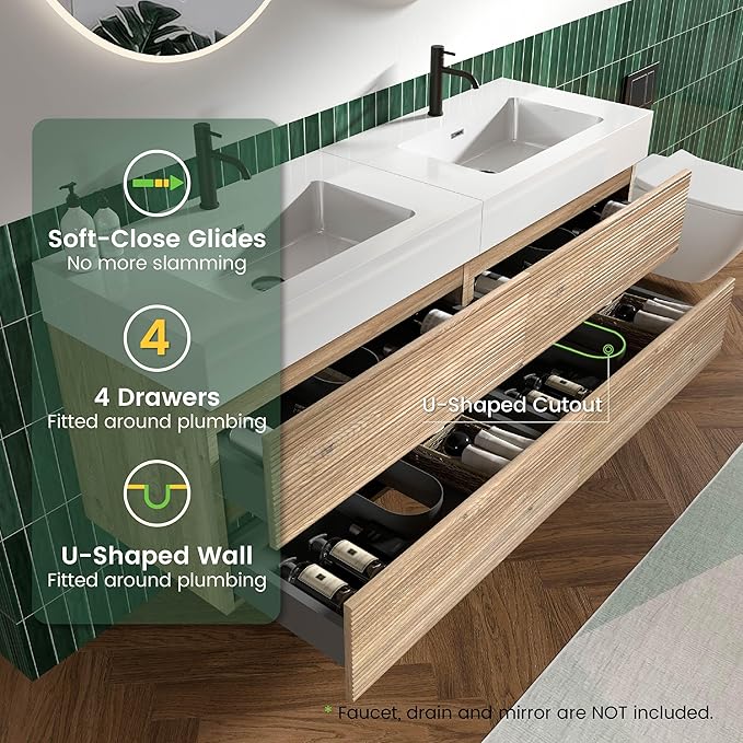 60" Floating Bathroom Vanity with Sink Combo, Modern Floating Double Sink Bathroom Vanity with Engineered Stone Tops & 4 Soft-Closing Drawers, Large Storage for Powder Room, Apartment, Rough Oak