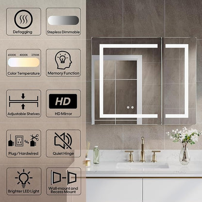 36" X 30" Bathroom LED Medicine Cabinet with Mirror, Medicine Cabinet with Lights, Bathroom Mirror with Storage, Dimmer, Defogger, Outlets & USB Ports, Double Doors