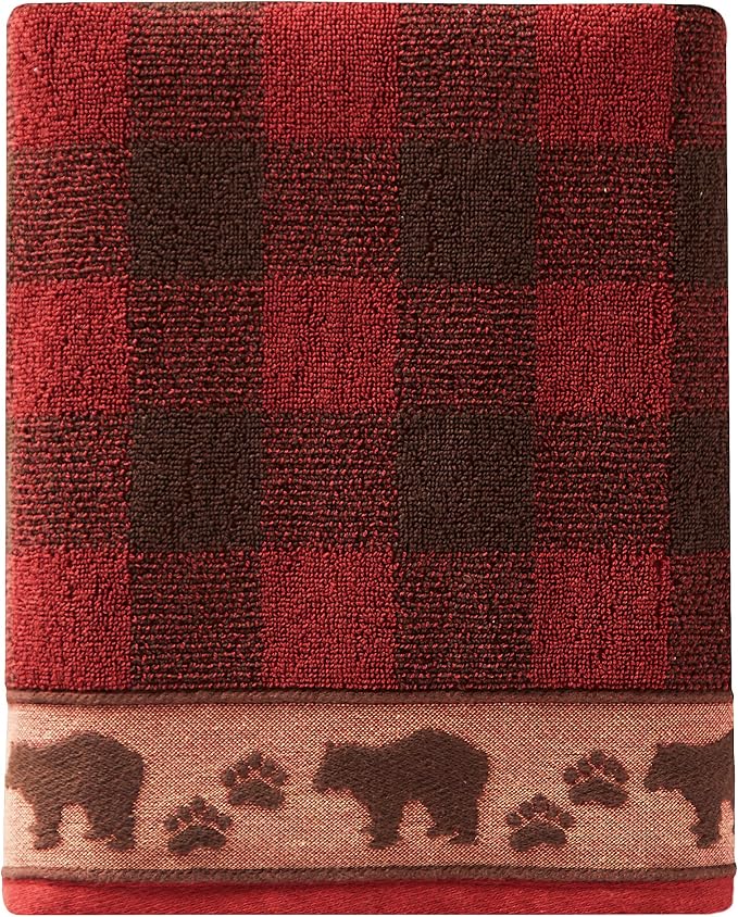 SKL Home Sundance Bath Towel, 100% Cotton, Plaid/Buffalo Check, Red | 500 GSM. Plush & absorbent jacquard. Bear & paw print border is great for Airbnb/cabin/lodge décor.