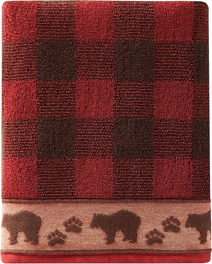 SKL Home Sundance Bath Towel, 100% Cotton, Plaid/Buffalo Check, Red | 500 GSM. Plush & absorbent jacquard. Bear & paw print border is great for Airbnb/cabin/lodge décor.