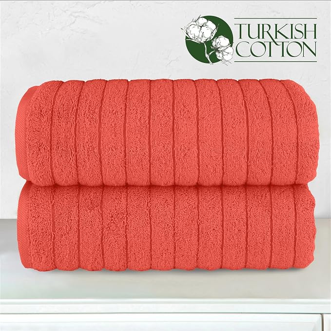 Elegant Comfort 100% Turkish Cotton Corduroy Ribbed Luxury Soft 2 Pack Bath Towels 27 x 54 Inch - Ultra Plush, Absorbent, Quick Dry, Hotel Spa Quality Towels for Bathroom Essentials, Coral