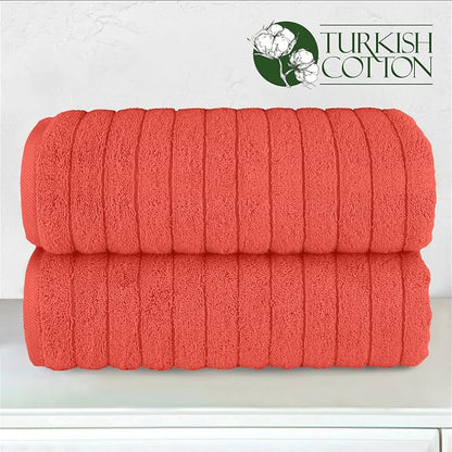 Elegant Comfort 100% Turkish Cotton Corduroy Ribbed Luxury Soft 2 Pack Bath Towels 27 x 54 Inch - Ultra Plush, Absorbent, Quick Dry, Hotel Spa Quality Towels for Bathroom Essentials, Coral