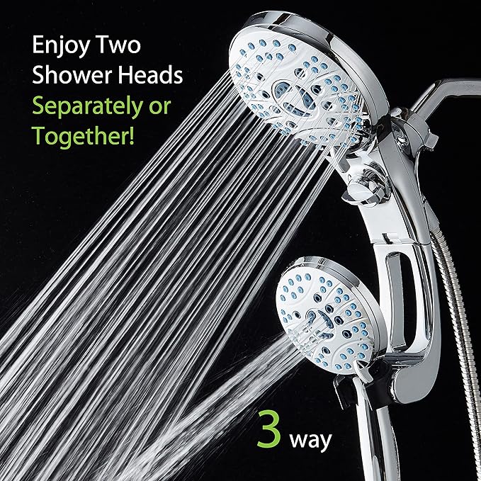 AquaCare 50-mode High Pressure Shower Head Combo with Arm & Dual Power Wash | Hygienic Jets, 2-mode Handheld Power Wash for Tub, Tile & Pets, Long 6 ft. Stainless Steel Hose, Extra Wall Bracket / Chrome