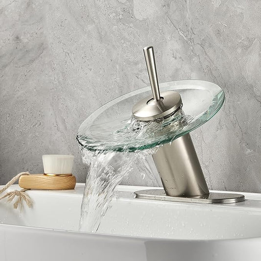 Waterfall Bathroom Sink Faucet Unique Brass Modern Circle Glass Waterfall Faucet for Basin Vanity Single Hole Pedestal Sink Faucets One Handle Corner Sink Bathroom Faucet, Brushed Nickel