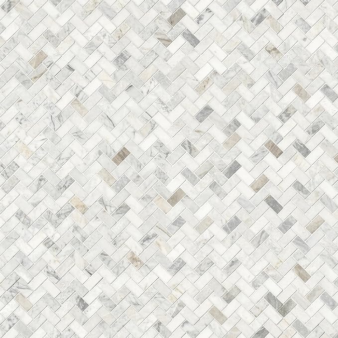 MSI Arabescato Venato White 1 in. x 2 in. Herringbone Honed Marble Mesh Mounted Mosaic Tile for Bathroom, Kitchen Backsplash, Accent Wall Tile, and Shower Wall Tile