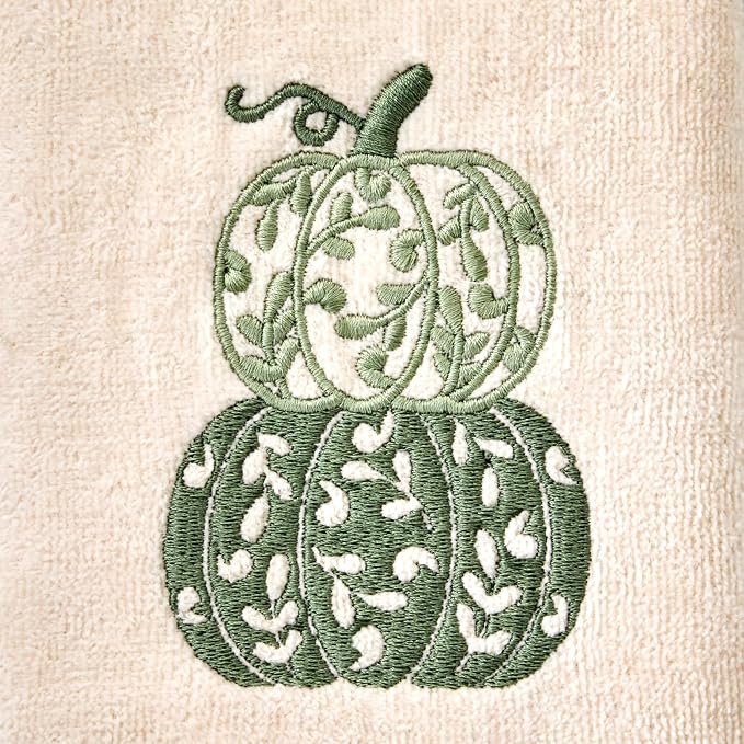 SKL Home Fall/Thanksgiving Scroll Pumpkin Hand Towel Set-2pc, Natural | 100% Cotton. Soft, embroidered velour. Great for use in the bathroom, kitchen or bar. Fun for Friendsgiving & gifting.