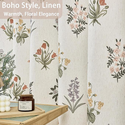ORTIGIA Linen Textured Shower Curtain with Tassels,Vintage Floral Boho Cottagecore Waterproof Bath Curtain Metal Hooks for Rustic Farmhouse Bathroom Decor 72x72 Inch