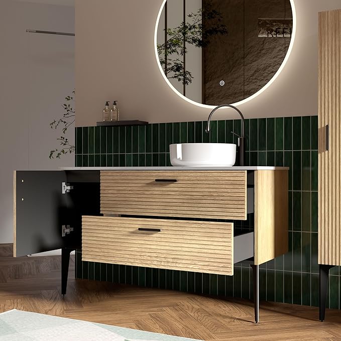 48 Inch Bathroom Vanity with Sink, Modern Striped Bathroom Cabinet with Engineered Stone Top, Soft-Closing Drawers, 1 Door, Large Storage for Small Bathroom, Natural Oak, Cypress Collection